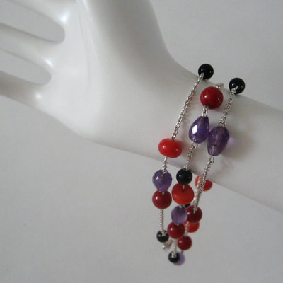 Strawberry lavender multi-strand bracelet necklace sterling silver chain coral onyx amethyst beads multi wear jewel Daphne Meesters Jewellery Designer Goldsmith The Hague Netherlands