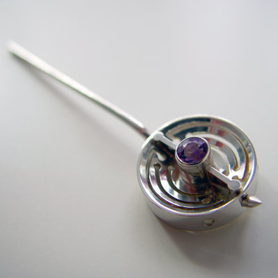 Soyuz round brooch pendant multi wear jewel sterling silver faceted amethyst lines dots pattern unique piece SOLD Daphne Meesters Jewellery Designer Goldsmith The Hague Netherlands