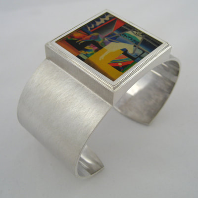 Mens wide cuff bracelet sterling silver with art piece Sacred fires by AdiDa unique piece  SOLD Daphne Meesters Jewellery Designer Goldsmith The Hague Netherlands