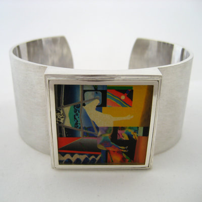 Mens wide cuff bracelet sterling silver with art piece Sacred fires by AdiDa unique piece  SOLD Daphne Meesters Jewellery Designer Goldsmith The Hague Netherlands