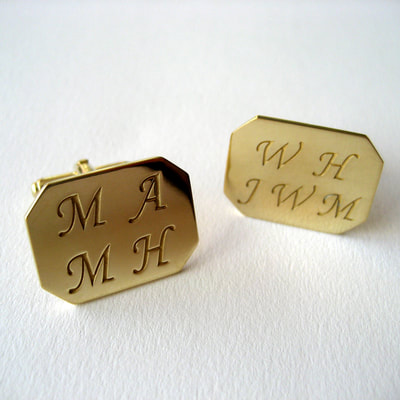 Vendôme square cuff-links shiny finish 14K yellow gold layer on sterling silver with laser cut engraved initials Daphne Meesters Jewellery Designer Goldsmith The Hague Netherlands

