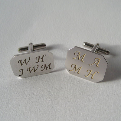 Vendôme square cuff-links shiny finish sterling silver 14K gold and laser cut engraved initials Daphne Meesters Jewellery Designer Goldsmith The Hague Netherlands
