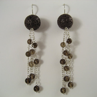 Earrings sterling silver fine chain brown lavastone and smokeyquartz beads Daphne Meesters Jewellery Designer Goldsmith The Hague Netherlands
