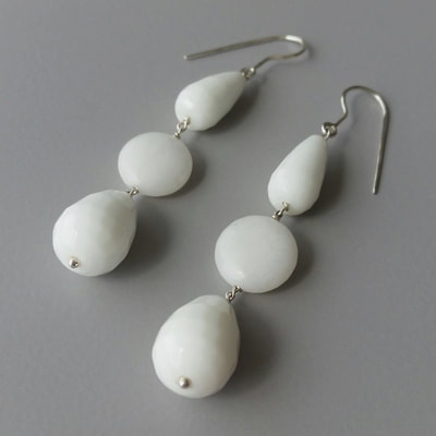 Dangling earrings sterling silver white jade faceted agate drops Daphne Meesters Jewellery Designer Goldsmith The Hague Netherlands