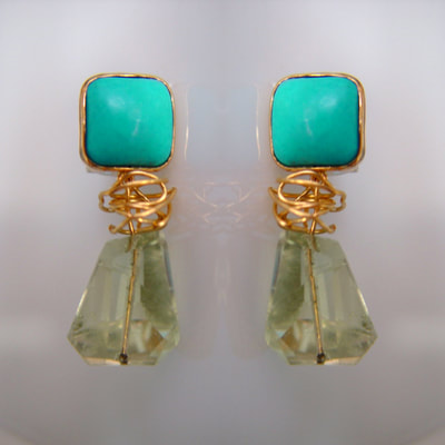 Earrings ear clips 18K yellow gold wire detail turquoise square cabochons and green amethyst faceted rectangular shapes Daphne Meesters Jewellery Designer Goldsmith The Hague Netherlands
