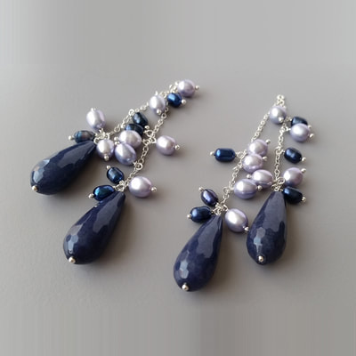Sterling silver fine chain ear jackets dark blue jade faceted drops dark blue and lavender blue pearls Daphne Meesters Jewellery Designer Goldsmith The Hague Netherlands