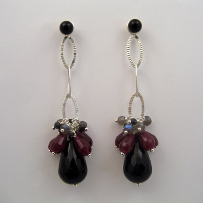 Ear studs sterling silver and onyx € 39,50 with ear jackets pendant multi-jewel sterling silver oval chain fuchsia jade black spinel grey labradorite and black onyx faceted drop SOLD Daphne Meesters Jewellery Designer Goldsmith The Hague Netherlands