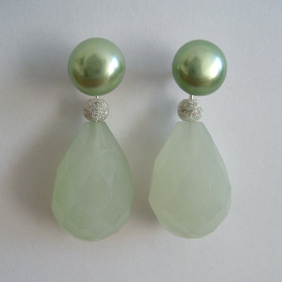 Ear studs green pearls ear jackets sterling silver soft green faceted jade drops Daphne Meesters Jewellery Designer Goldsmith The Hague Netherlands