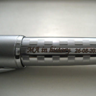 M.A in History pen graduation gift with laser engraving Daphne Meesters Jewellery Designer Goldsmith The Hague Netherlands
