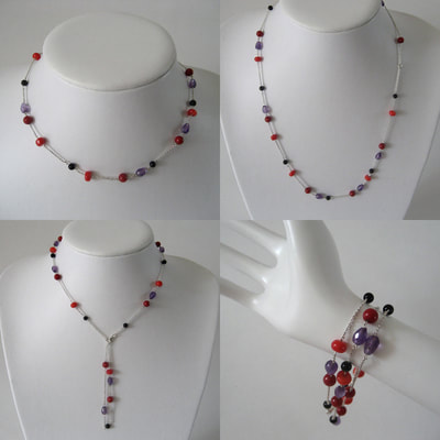 Strawberry lavender multi-strand necklace bracelet sterling silver chain coral onyx amethyst beads multi wear jewel Daphne Meesters Jewellery Designer Goldsmith The Hague Netherlands