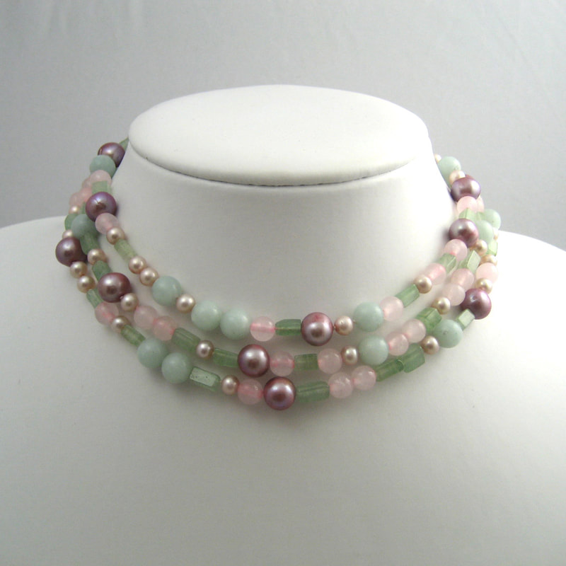Rosegarden necklace bracelet multi wear jewel three or two row layered or long lariat necklace from gemstone beads with sterling silver toggle closure rose quartz soft green jade soft pink pearls 112 centimeters € 195,- Daphne Meesters Jewellery Designer Goldsmith The Hague Netherlands