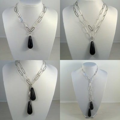Oval chain necklace. multi wear jewel long short y-necklace sterling silver and huge onyx faceted drops Daphne Meesters Jewellery Designer Goldsmith The Hague Netherlands
