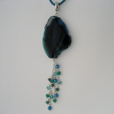 Slice ocean pendant sterling silver blue green agate slice aquamarine and dangling sterling silver fine chain with pearls Daphne Meesters Jewellery Designer Goldsmith The Hague Netherlands