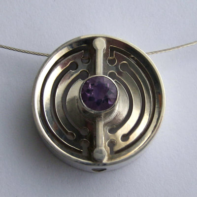 Soyuz round pendant brooch multi wear jewel sterling silver faceted amethyst lines and dots pattern unique piece SOLD Daphne Meesters Jewellery Designer Goldsmith The Hague Netherlands