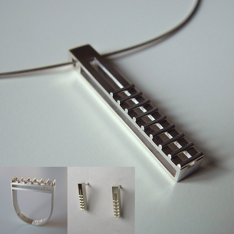 Skyscraper rectangular modern architectural sterling silver pendant ring and earrings earstuds Daphne Meesters Jewellery  Designer Goldsmith The Hague Netherlands