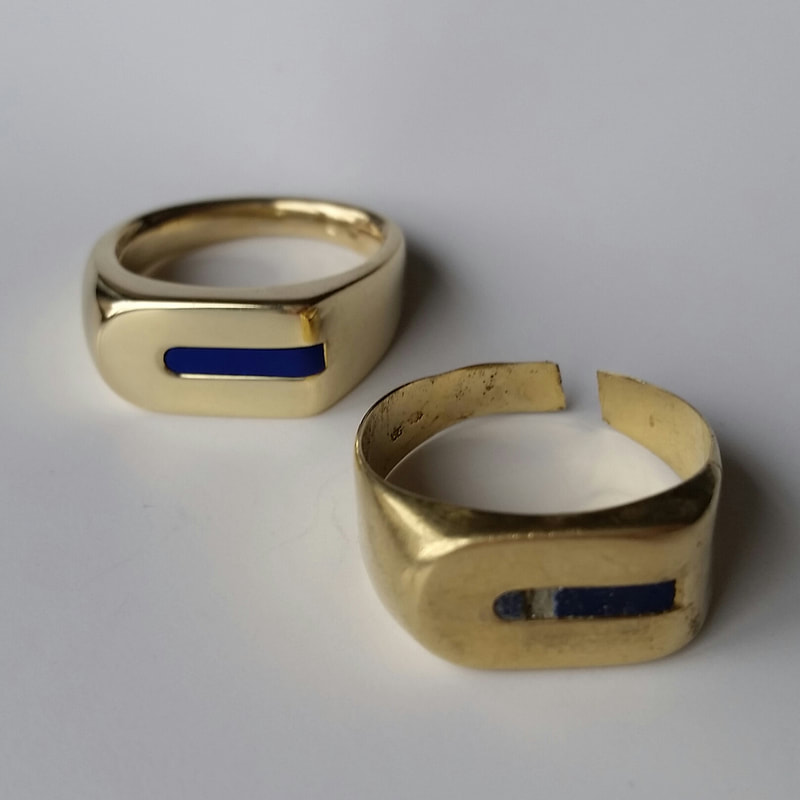 Lapis mens signet ring  remake of a long cherished model in 14 carat yellow gold with a lapis lazuli stone  old and new next to each other Daphne Meesters Jewellery Designer Goldsmith The Hague Netherlands