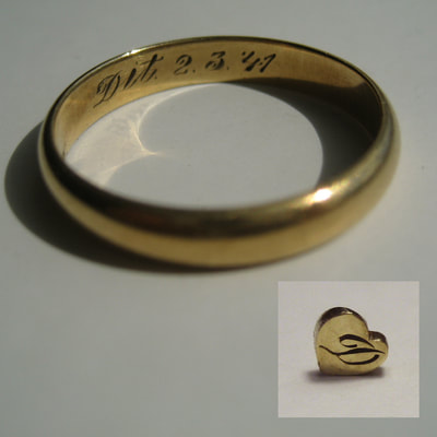Inherited wedding ring that is cut around the engraving to be used in new band Daphne Meesters Jewellery Designer Goldsmith The Hague Netherlands
